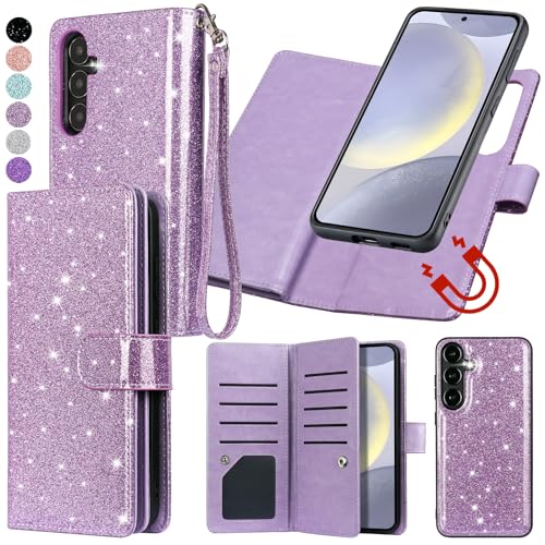 Varikke for Samsung Galaxy S24 Wallet Case, Detachable Magnetic Wallet for S24 Case with [RFID Blocking] Card Holder Kickstand Lanyard Glitter PU Leather Flip Case Women Men 6.2 Inches, Light Purple