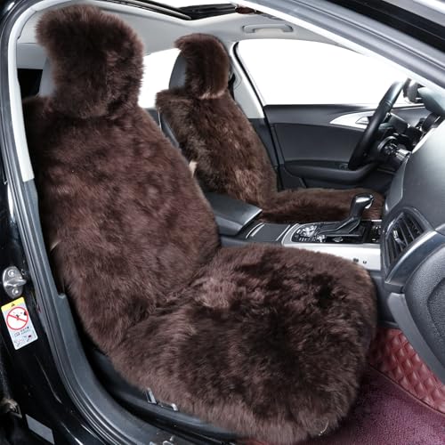 Image of AOGELAN Fluffy Sheepskin Car Seat Cover Long Wool Seat Covers Teak Brown
