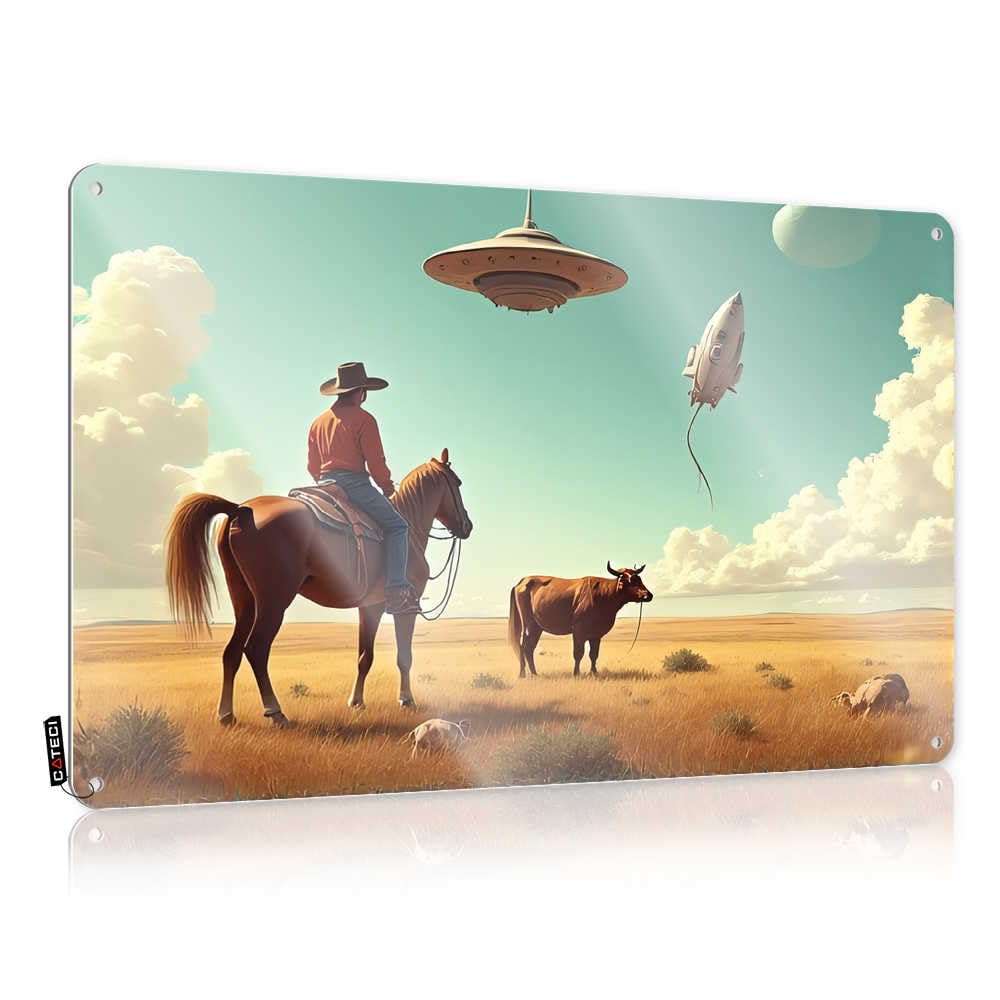 IBWNBBUSN Home Bar Tin Sign Cowboy On Horseback In A Futuristic Landscape Tin Sign Funny Sogns Man Cave Signs Vintage Funny(30X40CM)
