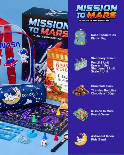 Image of Hyperfoods Rakhi for Kids Boys with Gift Astronaut Theme Activity Gift Hamper Tiramisu Bon Bites Chocolate (100g) Stationery and Game Kit for Kids Rakhis for Brother Gift Hamper for Kid (Package Wt 490g), Gross weight: 680g Rakhi with Chocolate