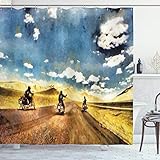 Ambesonne Country Shower Curtain, Group Friends Band on Motorcycles in Countryside Rural Adventure Travel up Art, Cloth Fabric Bathroom Decor Set with Hooks, 69' W x 70' L, Camel Soft Blue Night Blue