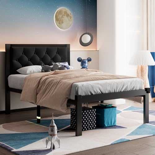 Image of Feonase Twin Size Metal Bed Frame with Faux Leather Button Tufted Headboard, Heavy-Duty Platform Bed Frame with 12 inch Storage, Steel Slats Support, No Box Spring Needed, Noise Free, Matte Black