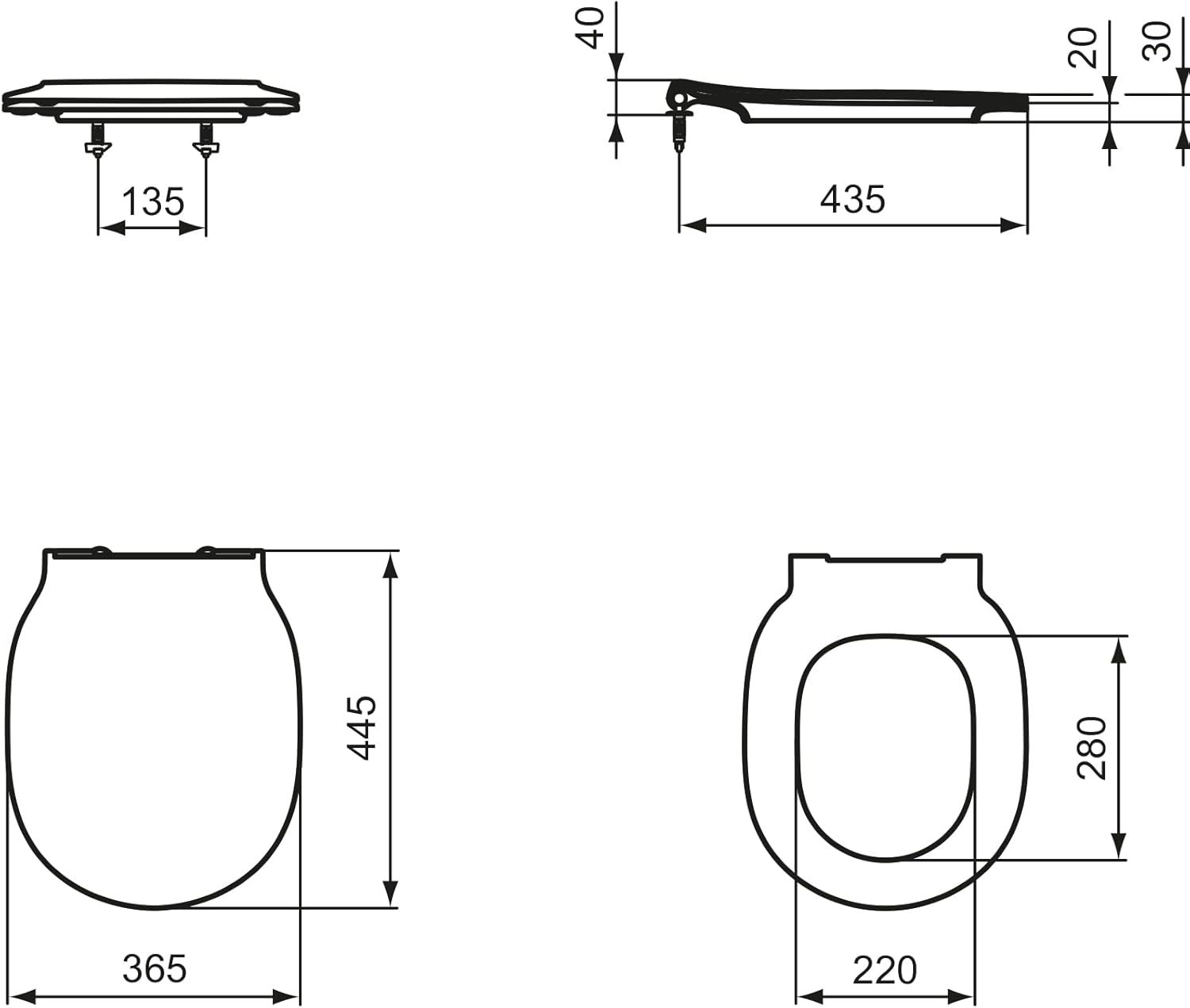 Technical drawing with dimensions for Ideal Standard E036601 toilet seat