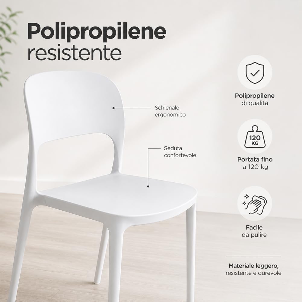 BAKAJI Set 4 Sedie da Pranzo Impilabili Salvaspazio Modello Stoccolma, Struttura Resistente Polipropilene, Seduta Ergonomica Ideale per Interno, Esterno, Casa, Giardino, Ristorante, Bar, 40x45x80 cm