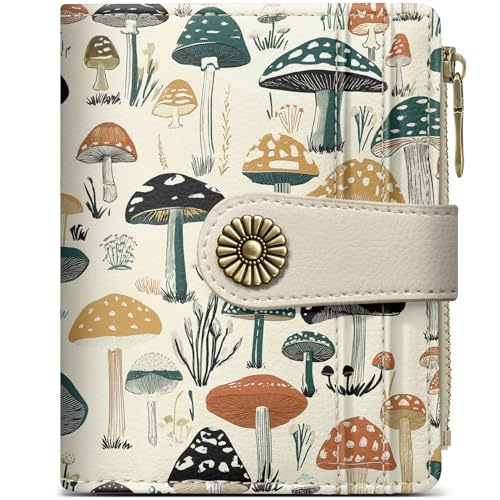 Image of Small Wallet for Women, RFID Blocking Bifold Card Holder Wallet with 10 Card Slots, Cash Compartment, Zipper Coin Pocket & ID Window, Cute Soft Vegan Leather Compact Wallet, Mushrooms Grove