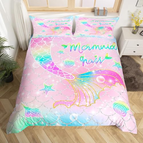 Loussiesd Mermaid Bedding Set Single for Kids Girls Rainbow Pink Mermaid Tail Printed Bedding Cute Reversible Stars Duvet Cover Set Mermaid Fish Scale Decor - Image 3