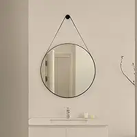 Espelho Decorativo Redondo 60cm Adnet Suspenso com Alça em Couro Cor Café para Banheiro Quarto Sala