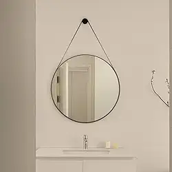 Espelho Decorativo Redondo 60cm Adnet Suspenso com Alça em Couro Cor Café para Banheiro Quarto Sala