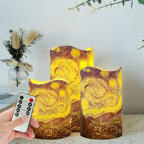 Image of Remote Flameless Candles 4 inch 5 inch 6 inch - Set of 3 Van Gogh Starry Night Design LED Pillar Candles Battery Operated with Timer for Home Decor Indoor Outdoor,PLT3P-StaNit