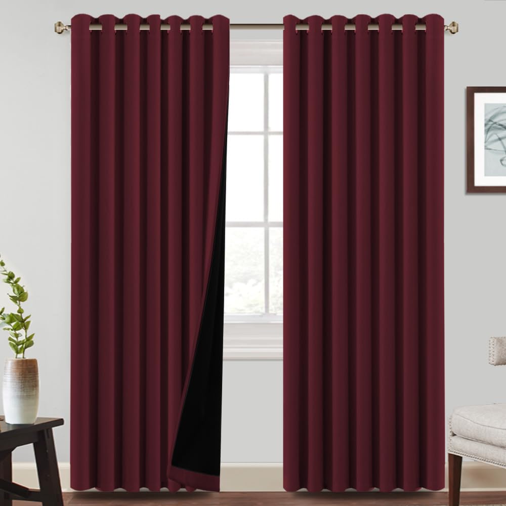 BellaHills 100% Blackout Curtains Eyelet Thermal Insulated Curtains for Living Room Heat and Full Light Blocking Window Treatments with Black Liner 2 Panels, 90 x 90 Inch, Burgundy