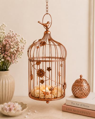 Image of Homesake Decorative Large Copper Hanging Lantern with Floral Vine & Chain, Metal Tealight Candle Holder for Home Decor, Diwali Decoration, Balcony, Living Room, Return Gifts for Pooja