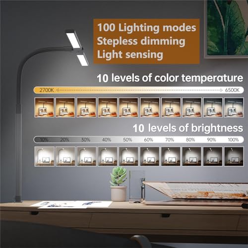 Image of LED Desk Lamp for Office Home,24W Double Head Architect Desk Lamp with Clamp,Remote Control,Ultra Bright Auto Dimming,Stepless Lighting,Flexible Gooseneck Dimming Table Light