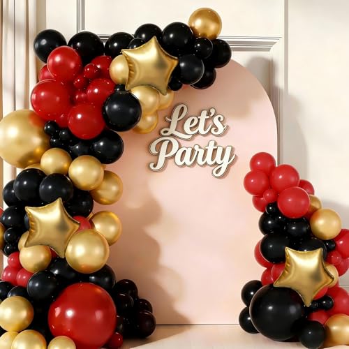 Red Black Gold Balloon Garland Arch Kit, 156Pcs Red Black and Gold Latex Balloons with Star Foil Balloons for Anniversary Casino Night Hollywood New Years Movie Night Prom Birthday Party Decorations