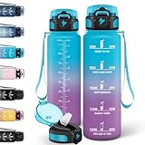 Motswedi Botella Agua 1l, Con Paja, Botella Agua Gimnasio, A Prueba de Fugas, Cantimplora, con Marcador de Tiempo, Cantimplora Deporte, para Oficina, Camping, Viajes, Bicicleta - Azul&Violeta