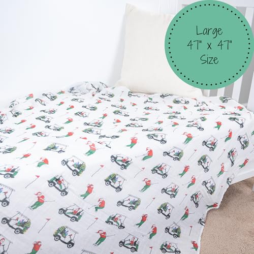 Image of LollyBanks Baby Blanket, 100% Cotton Muslin Swaddle for Boys and Girls, Soft and Breathable 47 x 47 Inches Receiving Blanket, Lightweight Newborn Swaddles, Newborn Essentials (Santa Golf Print)