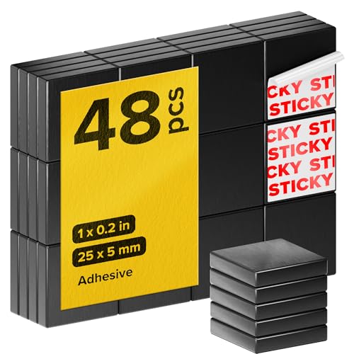 Image of Strong Ceramic Square Magnets With Adhesive Backing (1x0.2 inch /25x5mm, 48 pcs) - Heavy Duty Sticky Magnets, Non-Corrosive, Versatile For Home, Office, Workshop, Whiteboard, Fridge And Hobby Use