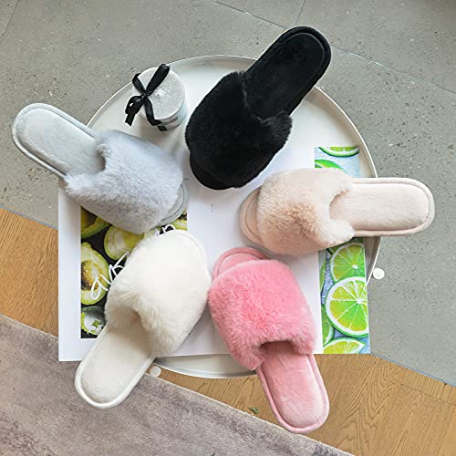 Parlovable Women's Faux Fur Slippers Fuzzy Flat Spa Fluffy Open Toe House Shoes Indoor Outdoor Slip on Memory Foam Slide Sandals 6