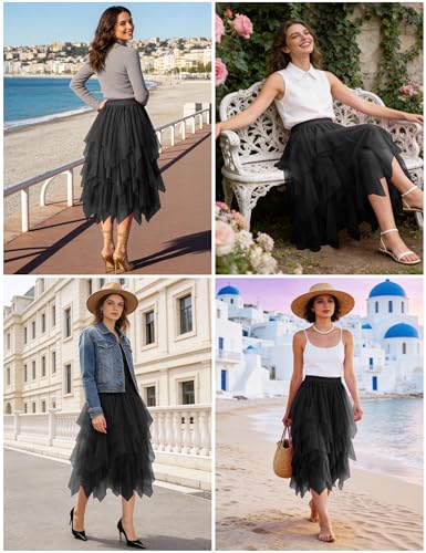 MERCIYD Jupe plissée en Tulle Asymétrique Tulle Jupe Courtes Jupes Midi Jupe d'été Goth Dentelle Robe Vintage Couleurs Variées – vue 5