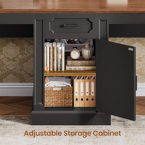 Image of SEDETA Farmhouse 110.3 inch Two Person Desk with 7 Drawers, Long Computer Desk with Storage Cabinet, 2 Person Desk with Power Outlets for Home Office, Black+Brown