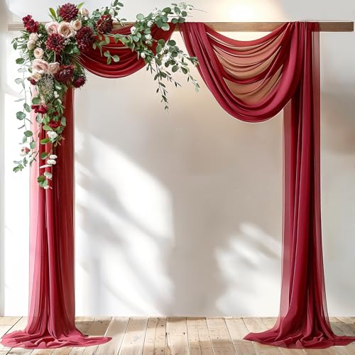 Image of Burgundy Wedding Arch Draping Fabric 1 Panel 30'' x 20FT Red Drapes Sheer Fabric Backdrop Curtains for Christmas Wedding Ceremony Birthday Party Bridal Shower Decoration