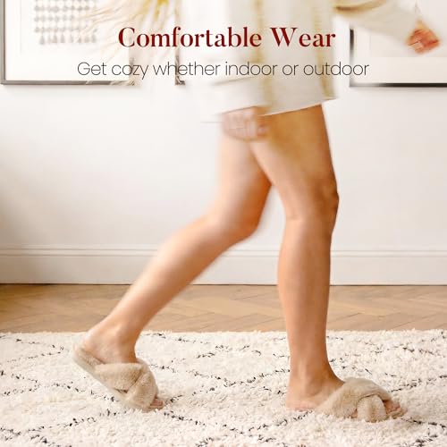 Image of Ankis Women's Fuzzy Slippers Cross Band Memory Foam Open Toe Comfy Soft House Shoes Anti-Slip Indoor Outdoor Gifts for Women