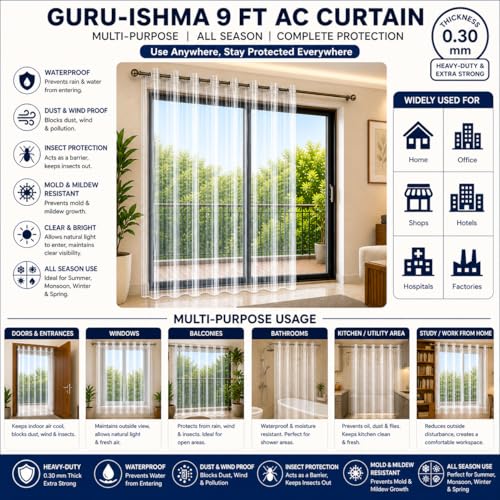 Image of 9 ft Solid Transparent AC Curtain | Waterproof Heavy-Duty 0.30 mm | Dust Wind Rain Protection, Mold & Mildew Resistant | All Season Use for Door, Window & Bathroom (Pack of 1)