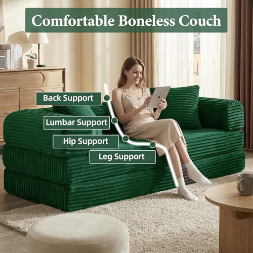 Image of Convertible Futon Sofa Bed, Fold Out Floor Sofa Couch with Sleeper Sofa,Folding Boneless Couches with Deep Seat,Cloud Corduroy Foldable Mattress Couch for Living Room (Green)
