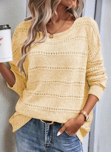 Image of SHEWIN Women's Sweaters Crew Neck Crochet Sweater Lightweight Knit Long Sleeve Tops Shirts Loose Fit Spring 2026