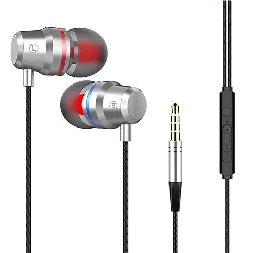 Hi-Res Extra Bass Noise Isolating In-Ear Headphones Earphones High Sensitivity Wired Earbuds with Microphone For iPhone, iPad, Samsung, Volume Control 3.5mm Jack Headphone Earphones (Silver)