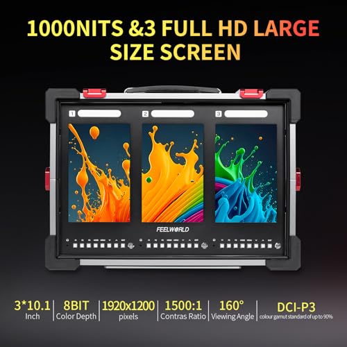 Image of FEELWORLD PS101 Triple 10.1-inch Vertical Display 1000nit Director Broadcast Carry-on Monitor with High Brightness Waveform 3D LUT HDR Portable Protective Case for Short Drama