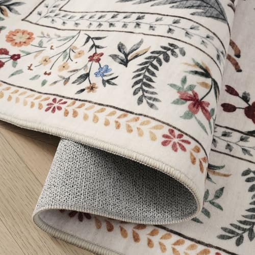 Runner Rug for Kitchen Non Slip 2'6''x8' Washable Rugs with Rubber Backing Soft Floral Animal Carpet Runner for Kitchen, Laundry, Bedroom, Bathroom (Beige)