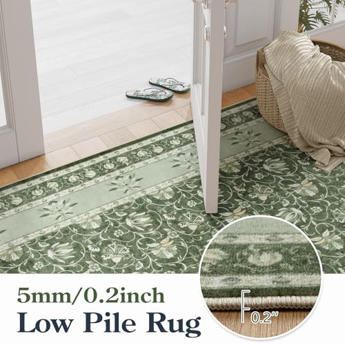 Image of Lahome Green Washable Runner Rug, Low Plie Soft 2x6 Runner Rug Non Slip Kitchen Runner, Vintage Floral Carpet Runners for Bedroom Entryway Bathroom (2'x6', Green)