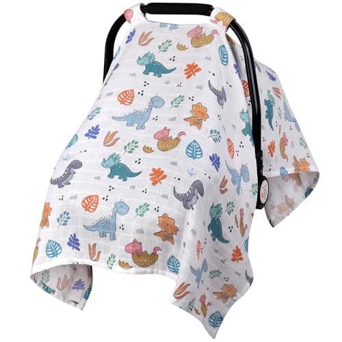 Image of Rquite Car Seat Cover Baby,Muslin Carseat Covers Baby Boys Girls, Soft Breathable Infant Carseat Canopy Summer, Lightweight Baby Carrier Cover, Fit Summer Hot Days/Warm Weather(Colorful Dinosaurs)
