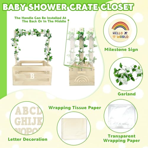 Image of Wooden Baby Shower Crate Closet with Hanger Rack,Baby Baskets,Baby Shower Baskets with Handles & Garland for Newborn Boys Girls,Pregnancy Gifts for New Parents