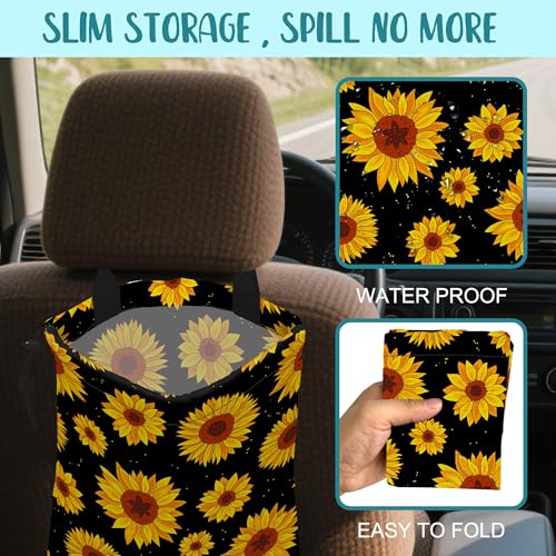 Image of Car Garbage Bag Blooming Yellow Sunflowers Drawstring Car Trash Bag Hanging for Back Seat with Adjustable Buckle Canvas Vehicle Trash Can Easy-to-Install
