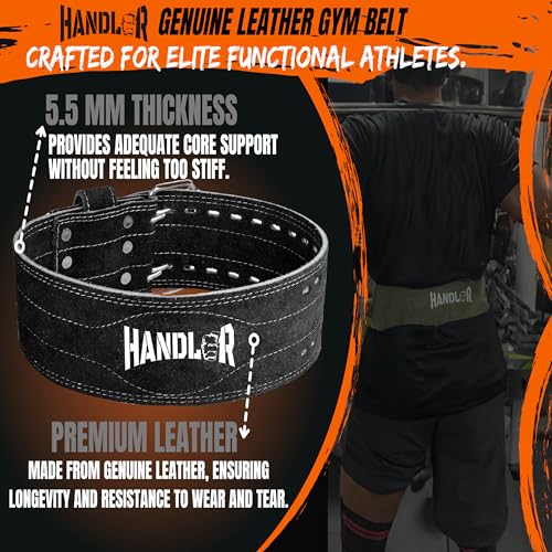 Image of Handler 100 percent all Leather Powerlifting Gym Belt- 5.5 mm | Weight Lifting Belt for Heavy Workout for Men & Women | Professional Heavy Weight Lifting (Army Green, Large)