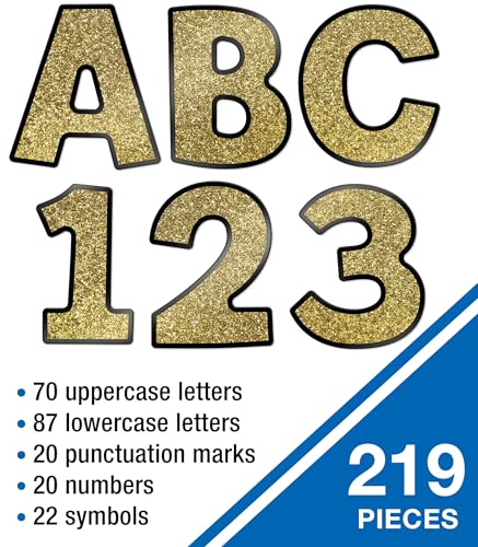 Image of Carson Dellosa 219 Piece 4 Inch Gold Glitter Bulletin Board Letters for Classroom, Alphabet Letters, Numbers, Punctuation & Symbols, Cut Out Letters for Bulletin Board