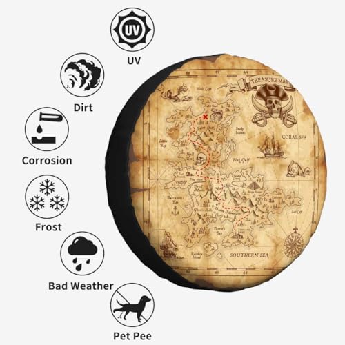 Image of Treasure Map Spare Tire Cover Pirate Emblem Sailboat Compass on a Ruined Old Parchment Wheel Covers for RV Tires Camper Tire Case Protectors for Trailer Rv SUV Truck Travel Trailer 15 in
