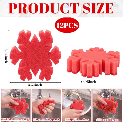 Image of Tioncy 12 Pack Red Snowflakes Kitchen Sponges Bulk Dual Sided Scrubber Sponges Dishwashing Kitchen Cleaning Accessories for Household Supplies(3.54 x 3.54 x 0.98 Inches)