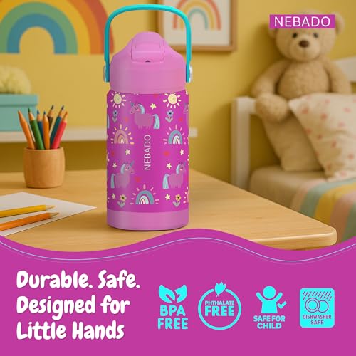 Image of Kids Stainless Steel Insulated Water Bottle with Straw 12oz - Leak Proof Toddler Insulated Cup for School, BPA Free with Handle & Non-Slip Silicone Base, Dishwasher Safe, Whimsical Pink