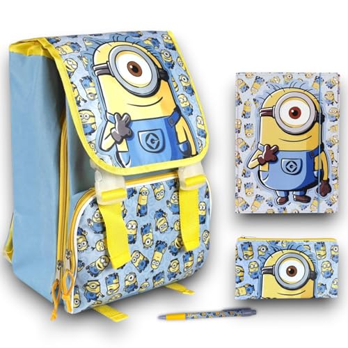 KORAT - Zaino estensibile con schienale ergonomico borsa scuola per bambini 42 x 27 x 16 cm, 2 Fantasie (Minions Azzurro + Kit Scuola)