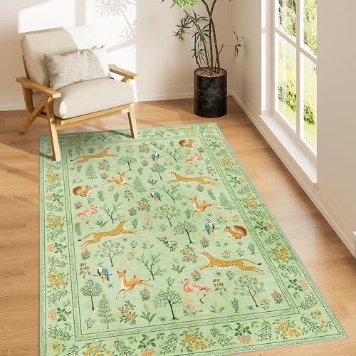 DUKINO 3x5 Rug, Washable Animal Area Rug for Bedroom Non Slip, Light Green