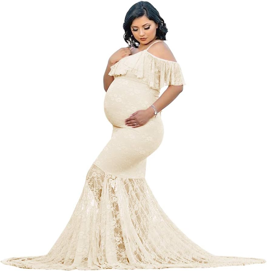 spaghetti strap lace maternity dress Momyknows Lace Ruffle Flowers Spaghetti Strap Photoshoot Maternity Maxi Dress, Blue / L