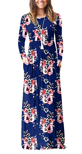 DEARCASE Women's A-line Swing Maxi Dresses Long Sleeve Long Casual Dresses Flower Navy Blue Large