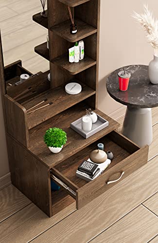 Image of Bniture Wooden Dressing Table for Bedroom with 1 Drawer, Mirror and Huge Storage Space | Long Dresser Vanity Table with Mirror (42D x 60W x 180H CM) | 1 Year Warranty (Flower Wenge, HXDR102)