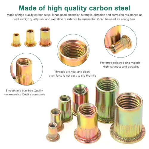 Gueenky 1100 Stück Nietmuttern Sortiment, M3 M4 M5 M6 M8 M10 M12 Nietmuttern Verzinkt Kohlenstoffstahl Nietmuttern Flachkopf Blindnietmuttern für Metall Kunststoff