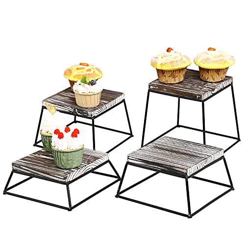 MyGift Torched Wood Cupcake Stand, Square Food Dessert Display Riser, Retail Stand with Black Metal Wire Frame, Set of 4