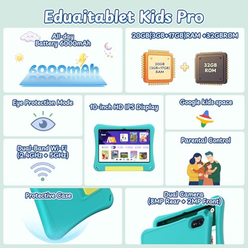 Image of Kids Tablet 10 inch, Android 16 Tablet for Kids, 20GB RAM, 32GB ROM, 1TB Expandable Storage, Parental Controls, 6000mAh Battery, Dual Camera, Wi-Fi 6, BT 5.4, EVA Case (Teal)