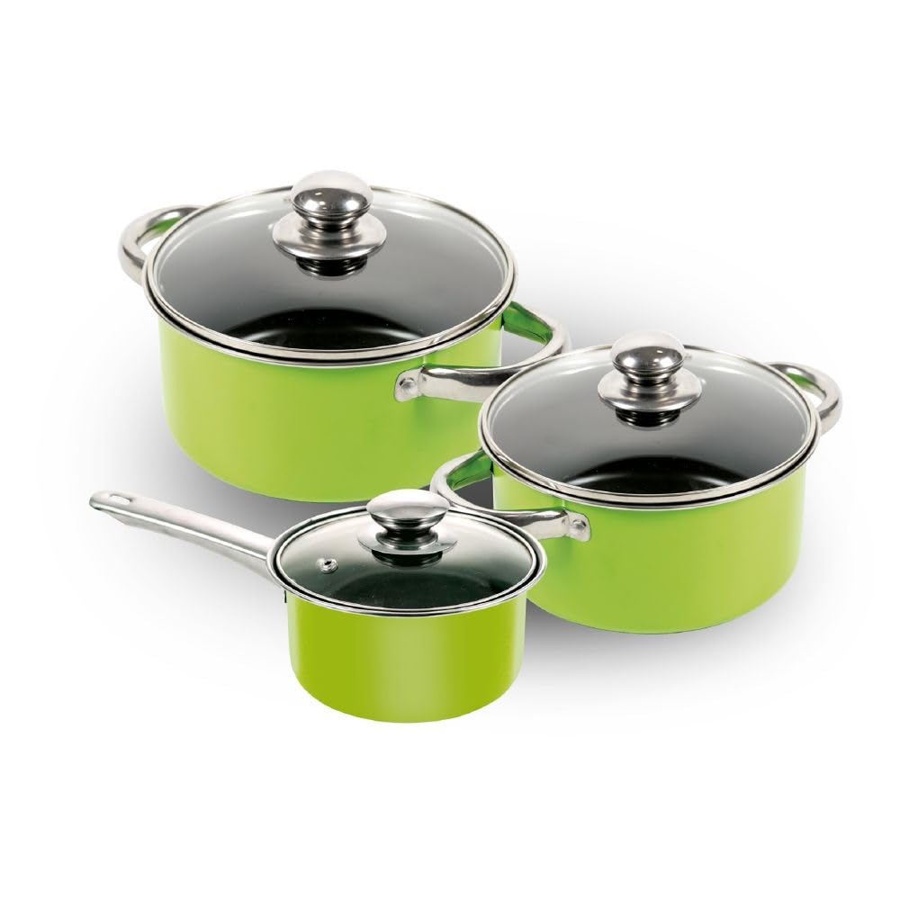 Batterie verte en acier au carbone robuste avec trois tailles de casseroles