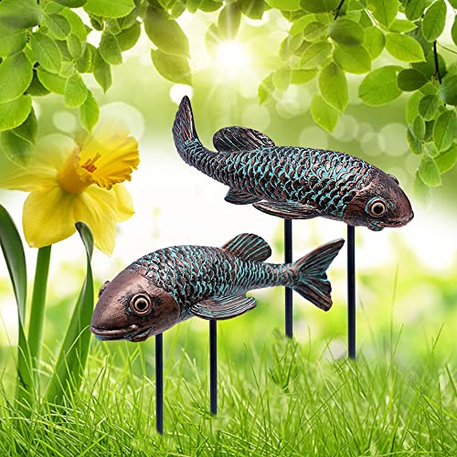 Garden Sculptures & Statues,Koi Fish Decor,Garden Fish Art,Set of 2 Antique Koi Fish Yard Art Decor for Outdoors,Patio,Yard,Lawn,Pond,Home Decoration (Bronz)